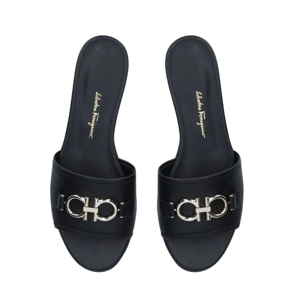 Salvatore Ferragamo Rhodes Black & Silver-Tone Slide Sandals, Size 10.5, New